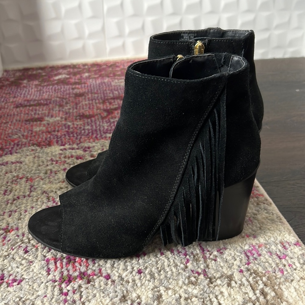 Kenneth Cole Reaction fringe peep toe booties
